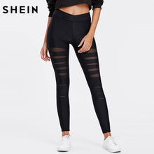 Load image into Gallery viewer, SHEIN Black Leggings Women Mesh Insert Ripped Leggings Mid Waist Casual Summer Spring Soild Fitness Leggings Pants