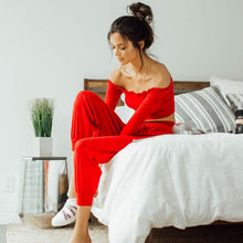 Load image into Gallery viewer, SHEIN Red Two Piece Set Casual Womens Clothing Off the Shoulder Long Sleeve Lettuce Trim Crop Bardot Top and Pants Set
