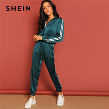 Load image into Gallery viewer, SHEIN Green Zip Up Striped Tape Jacket And Drawstring Pants Satin Tracksuit Women Spring Casual Streetwear Two Piece Set