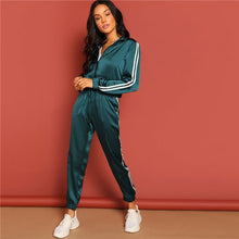 Load image into Gallery viewer, SHEIN Green Zip Up Striped Tape Jacket And Drawstring Pants Satin Tracksuit Women Spring Casual Streetwear Two Piece Set